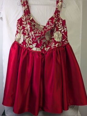 20 Red Satin Prom Dress with Gold Floral Embroidery